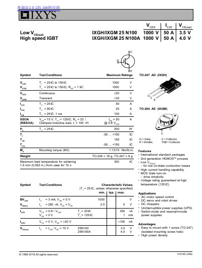 IXYS IXGH/IXGM 25 N100 IXGH/IXGM 25 N100A handbook - cover page