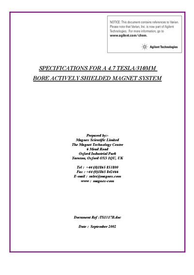 Magnex MRBR 4.7/310/AS Actively Shielded Magnet System Specifications - cover page