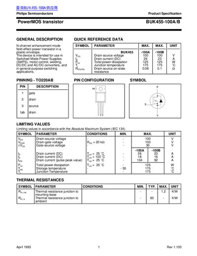 Philips BUK455-100A/B PowerMOS Transistor Datasheet - cover page