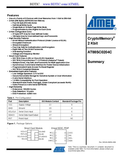 Atmel AT88SC0204C CryptoMemory Handbook - cover page