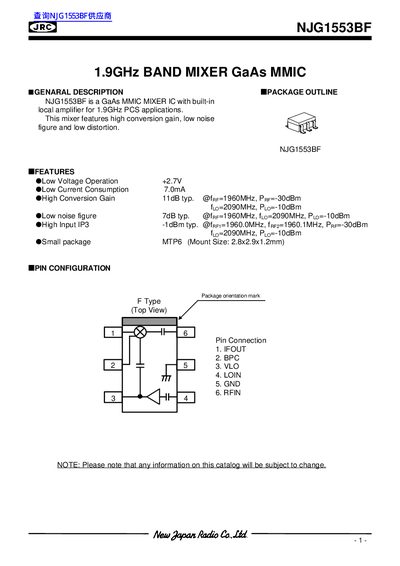 JRC NJG1553BF 1.9GHz Band Mixer GaAs MMIC Datasheet