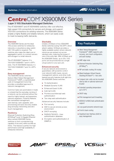 Allied Telesis XS900MX Series Layer 3 10G Stackable Managed Switches Product Information - cover page
