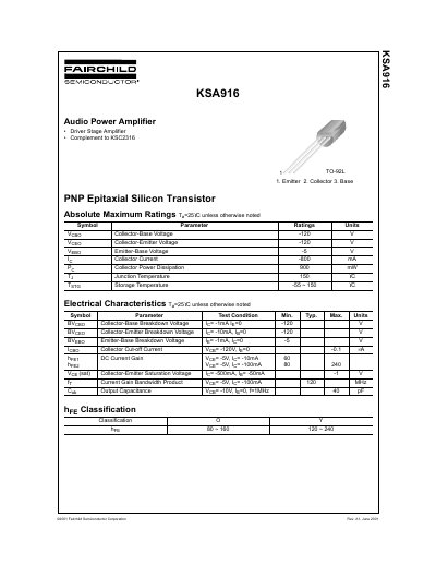 Fairchild KSA916 PNP Transistor Datasheet - cover page