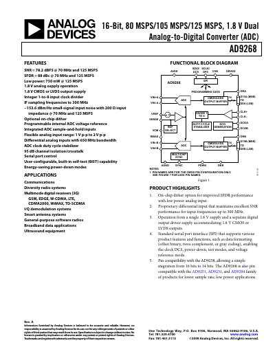 Analog Devices AD9268 16‑Bit Dual ADC Datasheet