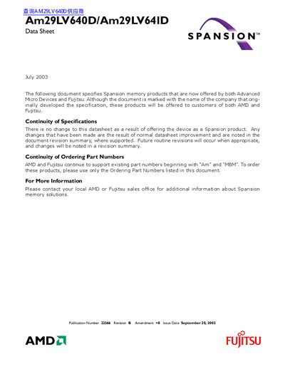 Spansion Am29LV640D/Am29LV641D Datasheet - cover page