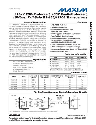 Maxim MAX3440E-MAX3444E Fault-Protected RS-485/J1708 Transceiver Datasheet - cover page