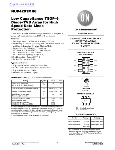 ON NUP4201MR6 Low Capacitance TSOP-6 Diode-TVS Array for High Speed Data Lines Protection handbook
