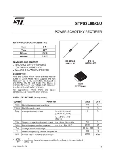 STMicroelectronics STPS3L60 Handbook - cover page