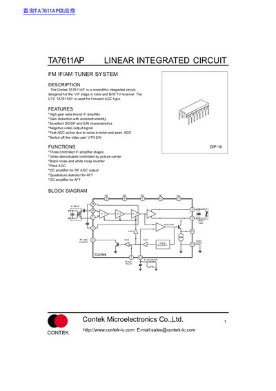 Contek TA7611AP FM IF/AM Tuner System Datasheet - cover page