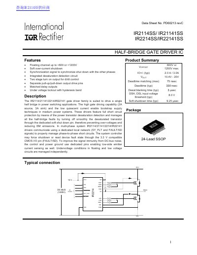 lnternational IOR Rectifier IR2114SS/ IR21141SS IR2214SS/IR22141SS handbook - cover page