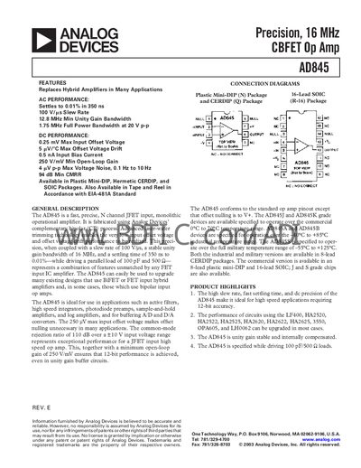 Analog Devices AD845 Datasheet - cover page