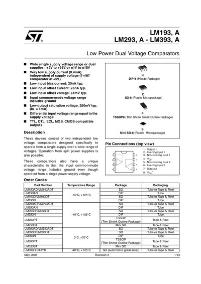 STMicroelectronics LM193 LM293 LM393 Dual Voltage Comparator Datasheet - cover page