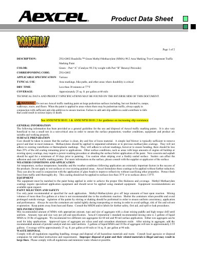 Aexcel Roadzilla Green MMA 98:2 Area Marking Paint Product Data Sheet