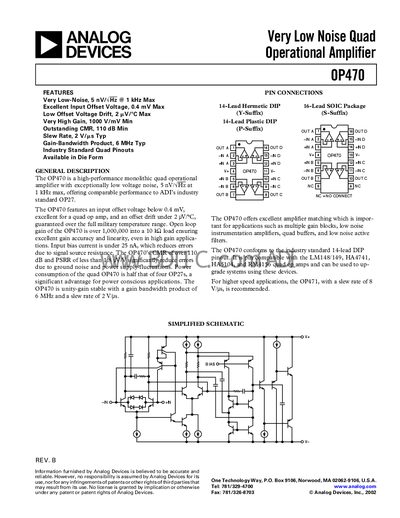 Analog Devices OP470 Quad Operational Amplifier Datasheet - cover page
