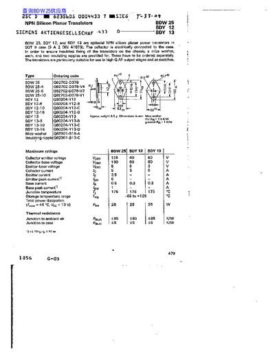 Siemens BDW 25, BDY 12, BDY 13 NPN Silicon Planar Power Transistor Datasheet - cover page
