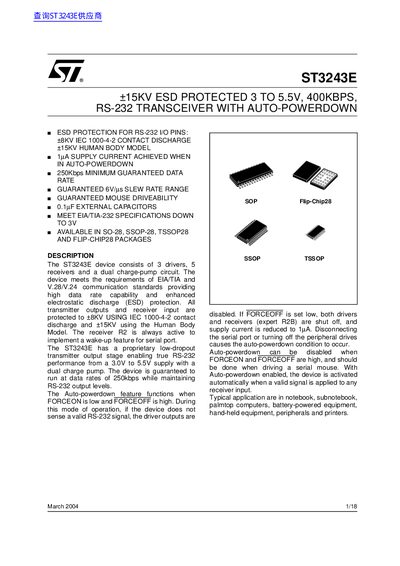 ST ST3243E 15KV ESD PROTECTED 3 TO 5.5V 400KBPS RS-232 TRANSCEIVER WITH AUTO-POWERDOWN handbook - cover page