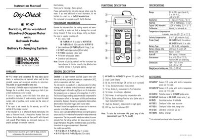 Hanna Instruments HI 9147 Dissolved Oxygen Meter Instruction Manual