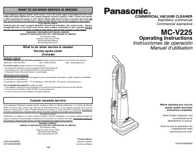 Panasonic MC-V225 Commercial Vacuum Cleaner Operating Instructions - cover page