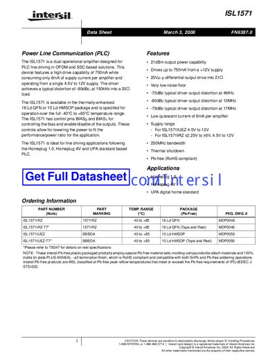 Intersil ISL1571 Dual Operational Amplifier Datasheet - cover page