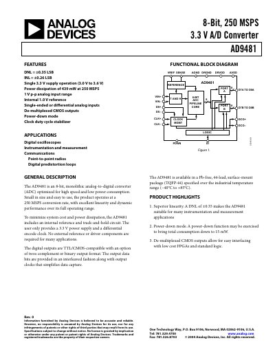 Analog Devices AD9481 8‑Bit 250 MSPS 3.3 V A/D Converter Datasheet - cover page
