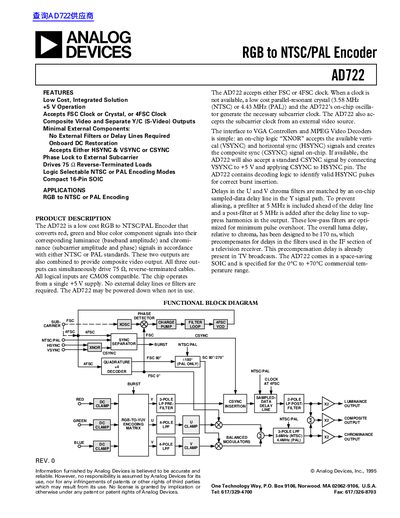 ANALOG DEVICES RGB to NTSC/PAL Encoder AD722 handbook - cover page
