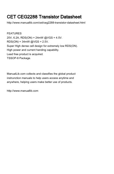 CET CEG2288 Dual N-Channel Enhancement Mode FET Datasheet - cover page
