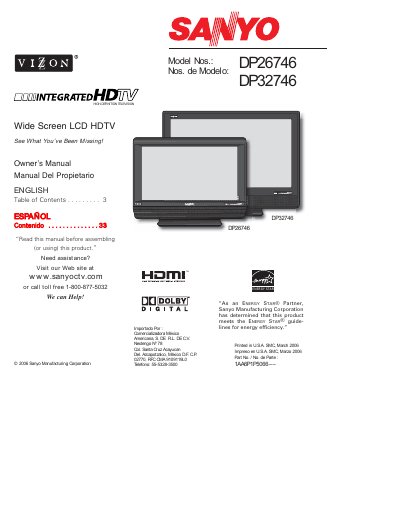 Sanyo DP26746/DP32746 LCD HDTV Owner's Manual - cover page