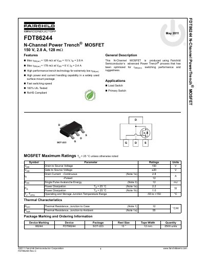 Fairchild FDT86244 N-Channel PowerTrench MOSFET Datasheet - cover page