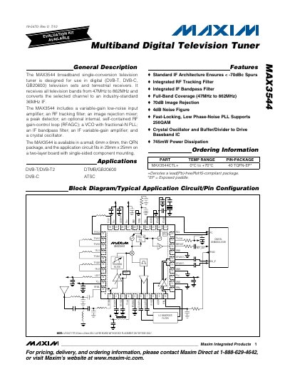 Maxim MAX3544 Multiband Digital Television Tuner Datasheet - cover page