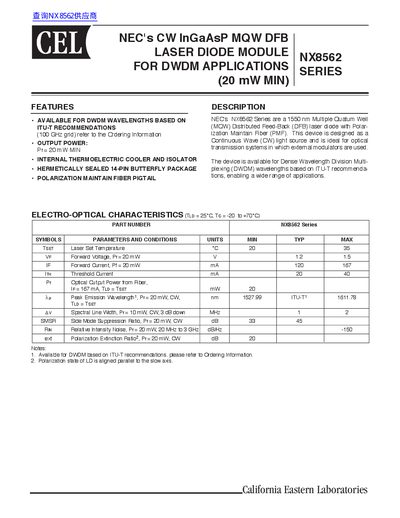 CEL NX8562 Series CW InGaAsP MQW DFB Laser Diode Module Datasheet - cover page