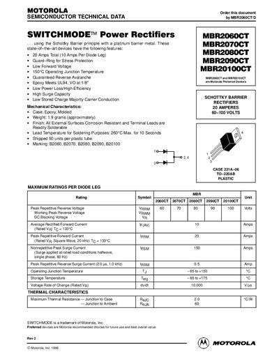 Motorola MBR2060CT/MBR2070CT/MBR2080CT/MBR2090CT/MBR20100CT Datasheet - cover page