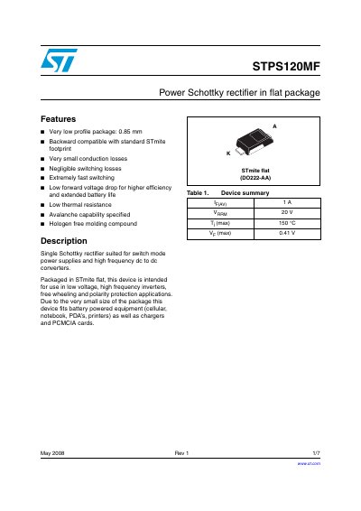 STMicroelectronics STPS120MF Power Schottky Rectifier Datasheet