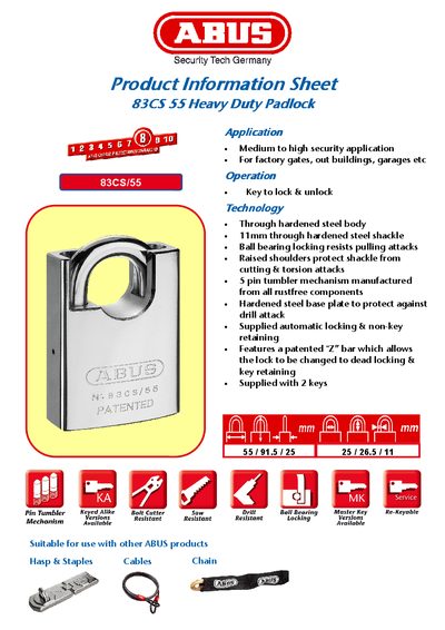 ABUS 83CS 55 Heavy Duty Padlock Product Information Sheet - cover page