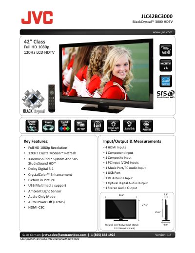 JVC JLC42BC3000 BlackCrystal 3000 HDTV Specifications - cover page