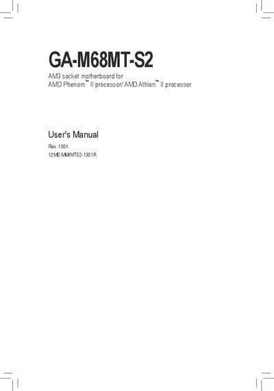 GIGABYTE GA-M68MT-S2 AM3 socket motherboard for AMD Phenom II processor/ AMD Athlon II processor User's Manual - cover page