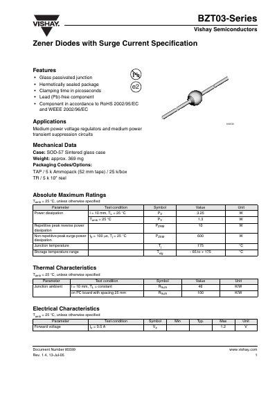 Vishay BZT03-Series Zener Diodes Datasheet - cover page