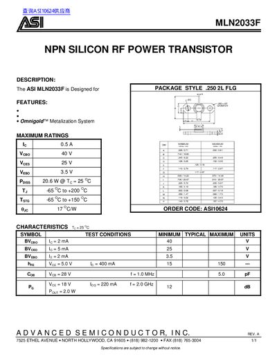 ASI MLN2033F NPN Silicon RF Power Transistor Datasheet - cover page