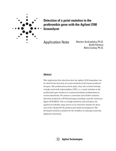 Agilent 2100 Bioanalyzer Application Note: Detection of a Point Mutation in the Prothrombin Gene - cover page