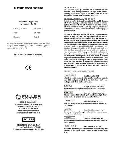 Fuller Labs RTG-96K Rickettsia typhi EIA IgG Antibody Kit Instructions for Use