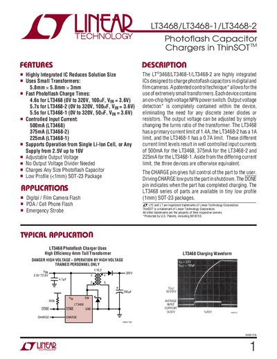 Linear Technology LT3468/LT3468-1/LT3468-2 Photoflash Capacitor Charger Datasheet - cover page