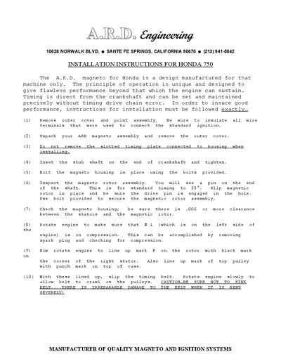 A.R.D. Engineering Honda 750 Magneto Installation Instructions