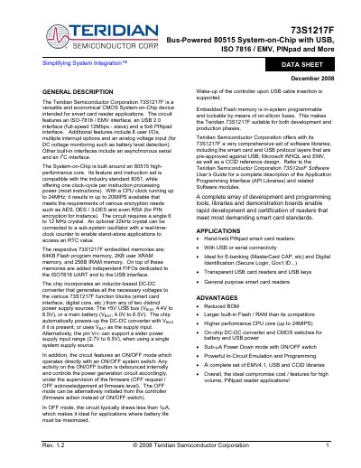 Teridian 73S1217F System-on-Chip Datasheet - cover page