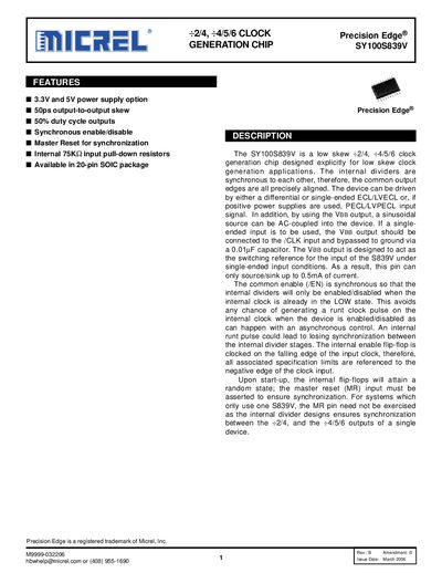 Micrel SY100S839V Clock Generation Chip Datasheet - cover page