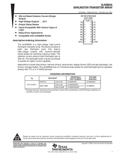 Texas Instruments ULN2803A Darlington Transistor Array Datasheet - cover page