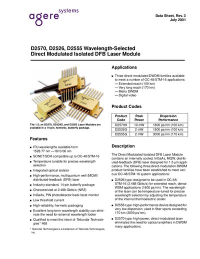 Agere Systems D2570, D2526G, D2555 Direct Modulated Isolated DFB Laser Module Data Sheet - cover page