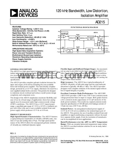 Analog Devices AD215 Isolation Amplifier Datasheet - cover page