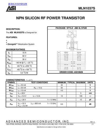 ASI MLN1037S NPN Silicon RF Power Transistor Datasheet - cover page
