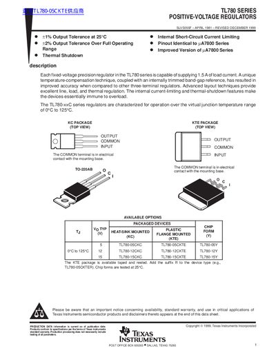 Texas Instruments TL780 Series Positive-Voltage Regulators Datasheet - cover page
