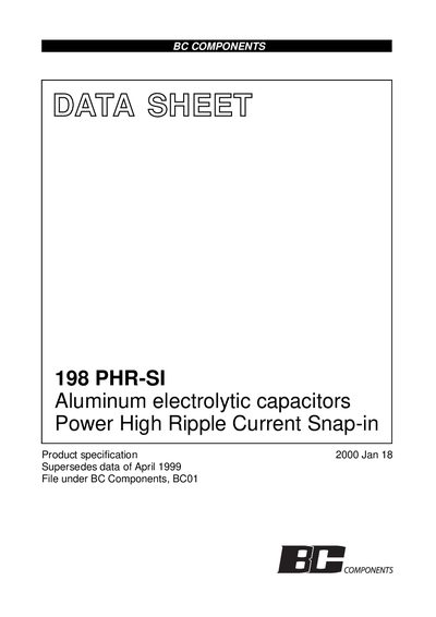 BC Components 198 PHR‑SI Capacitor Product Specification Handbook - cover page