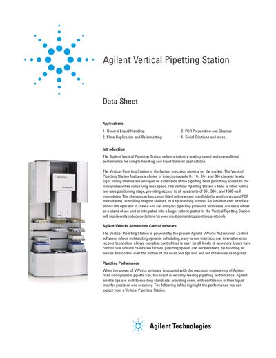 Agilent G5401A Vertical Pipetting Station Data Sheet - cover page
